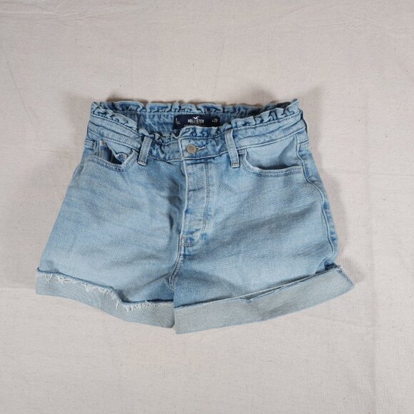 Hollister Mom Shorts W29 9 Ultra High Rise Paperbag Waist Button Fly Blue Denim - Picture 1 of 15